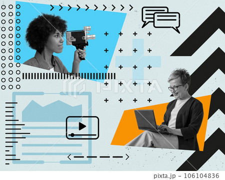 Collage with woman with camera and typing woman. Content Marketing for branding. Collage with woman with camera and typing woman. Content Marketing for branding. 106104836