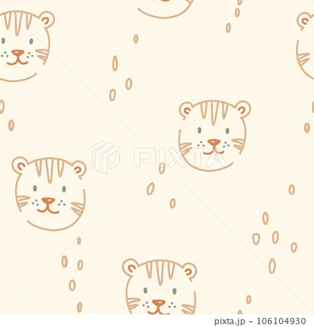 Beautiful kids vector seamless pattern with cute hand drawn tiger faces. Children stock illustratrion. 106104930