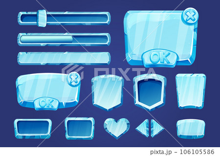 Set game menu assets ice buttons, interface elements 2d in cartoon style isolated. Blocks, shapes frozen gui panels, sliders, arrows. Set game menu assets ice buttons, interface elements 2d in cartoon style isolated. Blocks, shapes frozen gui panels, sliders, arrows. 106105586