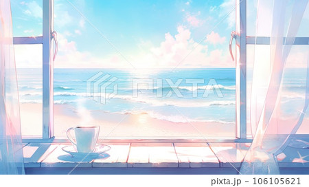 窓からの海の眺めとコーヒーカップ_3 Generative AIのイラスト素材