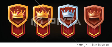 3D game shield badge vector set, level up medieval RPG royal crown, wooden knight ranking emblem. 3D game shield badge vector set, level up medieval RPG royal crown, wooden knight ranking emblem. 106105646