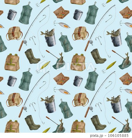 Watercolor fishing equipment seamless pattern. Hand drawn fishing rod, bait, lure, net, bucket with fish, creel, backpack on light blue background. Angling hobby supplies. Catching fish, camping Watercolor fishing equipment seamless pattern. Hand drawn fishing rod, bait, lure, net, bucket with fish, creel, backpack on light blue background. Angling hobby supplies. Catching fish, camping 106105885