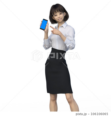 スマートフォンを見せるビジネスウーマン　ユニフォーム perming3DCGイラスト素材 106106065
