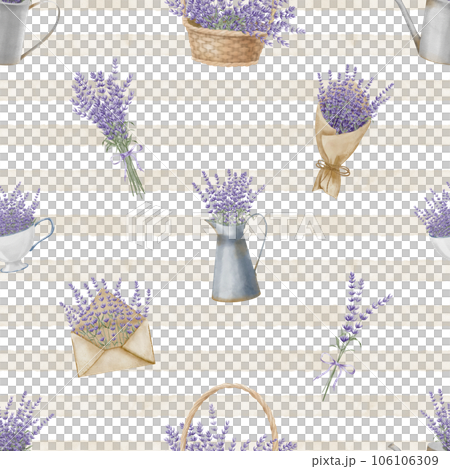 Lavender seamless Pattern with floral Provence bouquets. Hand drawn watercolor illustration of vintage ornament on a striped background for wrapping paper or textile design. Botanical backdrop. 106106309