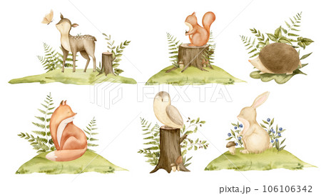 Woodland animals in a forest. Hand drawn watercolor illustration of deer and bunny for baby shower greeting cards or birthday invitations on isolated background. Bundle with squirrel and hedgehog. 106106342