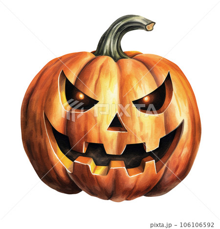 Watercolor jack o lantern Halloween pumpkin on transparent background 106106592