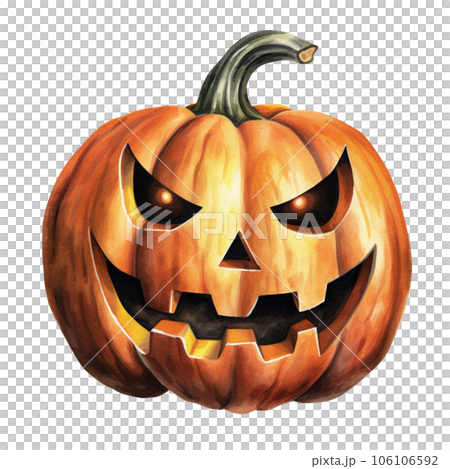 Watercolor jack o lantern Halloween pumpkin on transparent background 106106592