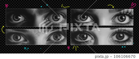Set of vector female eyes as if png elements cut out of a magazine. Vibrant acid trend colors on transparent background. Emotional eye for collage. Vector illustration Set of vector female eyes as if png elements cut out of a magazine. Vibrant acid trend colors on transparent background. Emotional eye for collage. Vector illustration 106106670