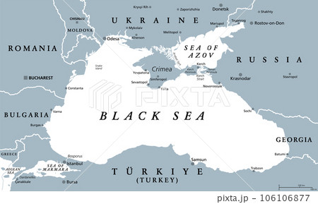 Black Sea region, gray political map. Marginal mediterranean sea of the Atlantic Ocean, between Europe and Asia. With Crimea, Sea of Azov, Sea of Marmara, Bosporus, Dardanelles and the Kerch Strait. 106106877