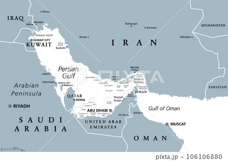 Persian Gulf region, gray political map. Also the Arabian Gulf, a mediterranean Sea in West Asia, located between Iran and Arabian Peninsula, connected to Gulf of Oman in the east by Strait of Hormuz. Persian Gulf region, gray political map. Also the Arabian Gulf, a mediterranean Sea in West Asia, located between Iran and Arabian Peninsula, connected to Gulf of Oman in the east by Strait of Hormuz. 106106880