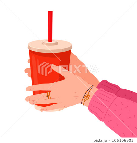 Soda paper cup in hands. Lemonade with lemon and ice or cola cold refreshing drinks. Hand hold red cup of spring water flat vector illustration 106106903