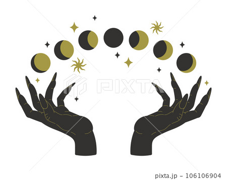 Witch hands with moon phases. Magic female hands, esoteric, astrological and mystic flat vector illustration. Boho magic hand palms 106106904