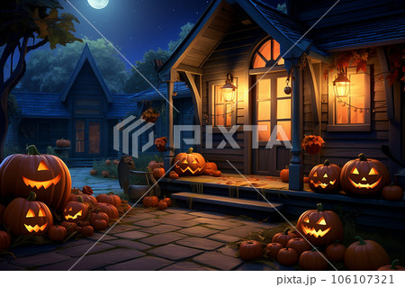 Small house decorated for halloween. Glowing pumpkins and other attributes of the upcoming holiday. 106107321