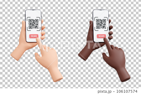 QR code reading 3d render illustration. Mobile phone in two human hands with barcode on screen. Hand pushing button with index finger. Cashless payment or searching information via qrcode. QR code reading 3d render illustration. Mobile phone in two human hands with barcode on screen. Hand pushing button with index finger. Cashless payment or searching information via qrcode. 106107574
