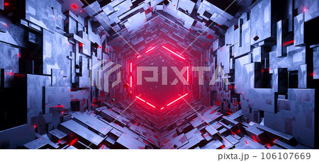 Sci-fi hexagonal empty tunnel with glowing red neon hexagon sign background Sci-fi hexagonal empty tunnel with glowing red neon hexagon sign background 106107669
