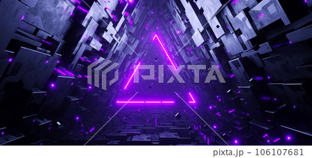Sci-fi triangle tunnel with neon triangle sign concept background 106107681