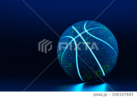Navy blue basketball ball with neon lines on dark background 106107695