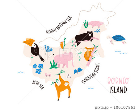 Borneo hand drawn map with funny animals. Cartoon illustration of Indonesian island. Travel poster, postcard, banner 106107863