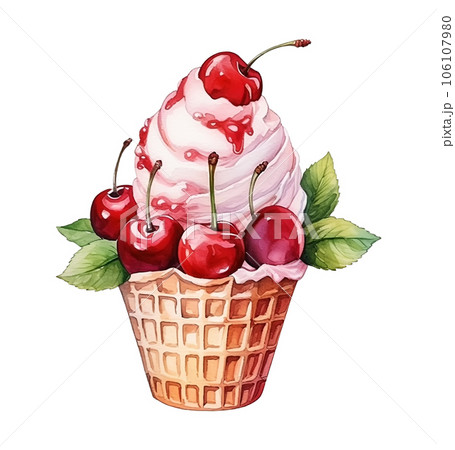 Watercolor ice cream with cherries and mint in waffle cup isolated on white background. Generative ai. Watercolor ice cream with cherries and mint in waffle cup isolated on white background. Generative ai. 106107980