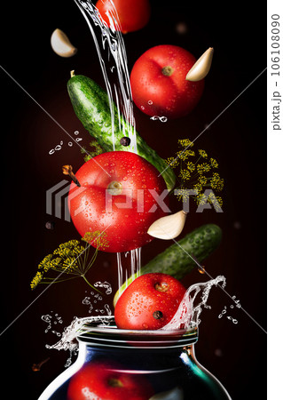 Canned tomatoes and cucumber in glass. Black background. Food levitation, tomatoes, garlic, peppers and dill in the air. Canning, fermentation, pickles 106108090