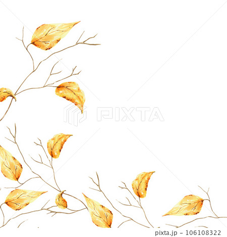 Watercolor autumn frame with tree branch golden foliage. Hand painting sketch isolated on white background. For designers, decoration, shop, for postcards, wrapping paper, covers. For posters and Watercolor autumn frame with tree branch golden foliage. Hand painting sketch isolated on white background. For designers, decoration, shop, for postcards, wrapping paper, covers. For posters and 106108322