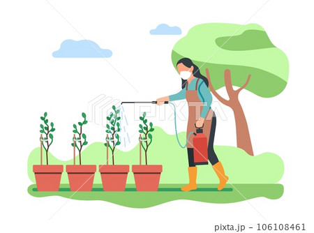 Woman in garden sprays pesticides on plants to control pests. Agriculture work. Herbicides sprayer. Female gardener caring of seedlings in pots. Fertilizer equipment. Vector concept 106108461