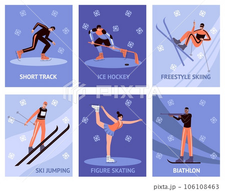 Winter sports people cards. Competitions and Olympic games. Professional athletes. Ice hockey. Figure skating. Biathlon and freestyle skiing. Short track. Vector sportsman banners set Winter sports people cards. Competitions and Olympic games. Professional athletes. Ice hockey. Figure skating. Biathlon and freestyle skiing. Short track. Vector sportsman banners set 106108463