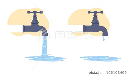Water faucet with aqua flow or falling drops. Stopcock leaking. Plumbing maintenance. Open or closed spigot. Dripping liquid. Bathroom or kitchen sanitary engineering. Vector concept Water faucet with aqua flow or falling drops. Stopcock leaking. Plumbing maintenance. Open or closed spigot. Dripping liquid. Bathroom or kitchen sanitary engineering. Vector concept 106108466