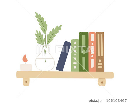 A shelf with books, a candle and a vase with abstract flowers with leaves. Home decor, interior. Books with a pattern on the covers. Vector illustration in trending flat style isolated on white. 106108467