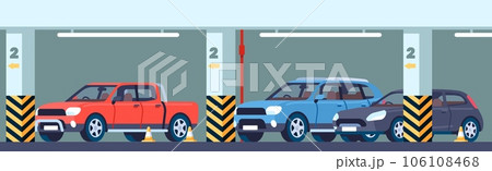 Urban underground parking garage with markings. Signs and parked cars. Automobiles stopped in building basement. Carpark floor and walls with columns. City transportation. Vector concept 106108468