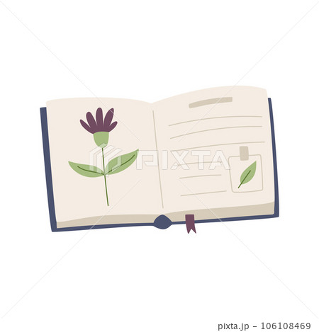 An open book, herbarium with a flower, sticker and bookmark. Encyclopedia with botanical. Flat cartoon vector decorative element isolated on a white background 106108469