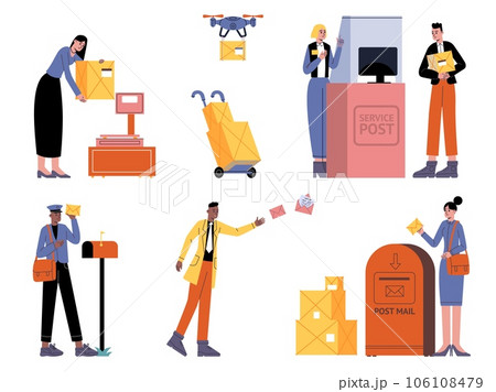 People in post office. Visitors and employees of state service for sending letters or parcels. Uniformed workers. Envelopes shipment. Correspondence express delivery. Postal vector set People in post office. Visitors and employees of state service for sending letters or parcels. Uniformed workers. Envelopes shipment. Correspondence express delivery. Postal vector set 106108479