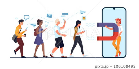 Girl attracts big magnet of subscribers. Generates leads. Phone screen. People following blogger with lodestone. Social media SMM technology. Subscription to influencer. Vector concept Girl attracts big magnet of subscribers. Generates leads. Phone screen. People following blogger with lodestone. Social media SMM technology. Subscription to influencer. Vector concept 106108495