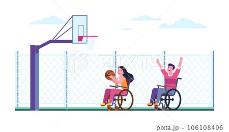 Girl and guy in wheelchairs playing basketball. Outdoor sports field. Disabled people throwing ball. Happy paralyzed man and woman on playground. Handicapped players. Vector concept 106108496