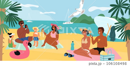 Families relaxing on beach. Sun protection. People smear sunscreen. Summer chilling. Children and parents sitting on mats. Couple applying SPF lotion. Sunblock cream. Garish vector concept 106108498