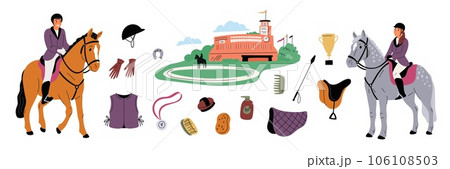 Cartoon equestrian sport elements. Happy riders on horseback. Jockeys with animals and accessories. Horse racing stadium. Bridle and saddle. Stallion grooming tools. Garish vector set Cartoon equestrian sport elements. Happy riders on horseback. Jockeys with animals and accessories. Horse racing stadium. Bridle and saddle. Stallion grooming tools. Garish vector set 106108503