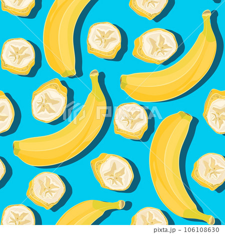 Trendy minimal summer seamless pattern with whole, sliced fresh fruit banana, kiwi on color background Trendy minimal summer seamless pattern with whole, sliced fresh fruit banana, kiwi on color background 106108630