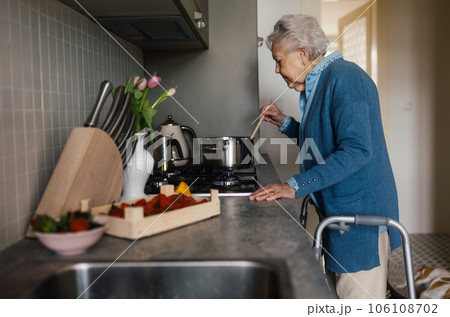 Happy senior woman cooking in her kitchen. 106108702