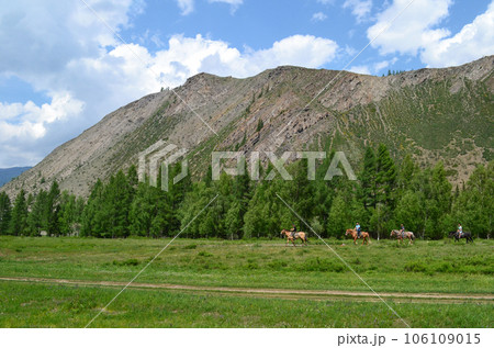 Gorny Altai, Russia, road in the mountains, tourists on horseback, horseback riding, outdoor recreation, away from civilization 106109015