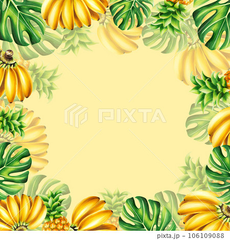 Watercolor tropical frame with a bunch of bananas, pineapples and monstera leaves. Ripe fruits illustrations isolated on white background For designers, spa decoration, postcards, wedding, greetings 106109088
