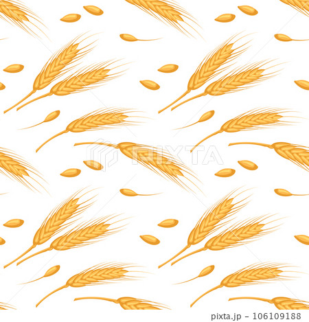 Seamless pattern of spikelets and seeds of wheat. Grains of wheat, barley, rye on a white background. Agriculture background, print, vector 106109188