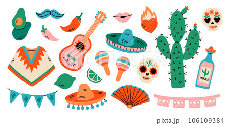 Mexican fiesta set, bright festival party decoration, Cinco de Mayo. Vector flat style illustration isolated on white 106109384