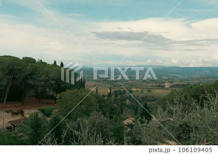 View of the green panorama from the top of a hill of San Gimignano in Tuscany. View of the green panorama from the top of a hill of San Gimignano in Tuscany. 106109405