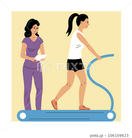 Girl patient is exercising on a treadmill under the supervision of a doctor 106109623