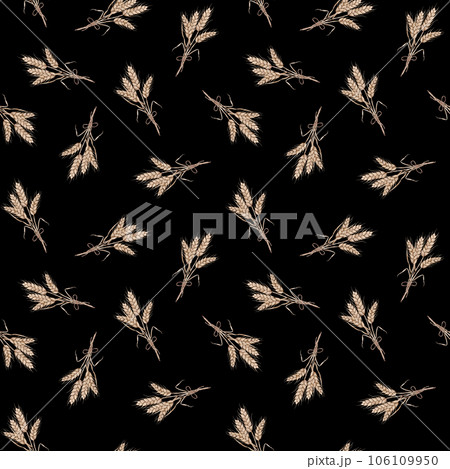 Seamless wheat spikelet pattern. Watercolor herbal background with wheat spica, oats spikelet illustration for textile, wallpapers, bakery decor. Autumn harvest, crops. Seamless wheat spikelet pattern. Watercolor herbal background with wheat spica, oats spikelet illustration for textile, wallpapers, bakery decor. Autumn harvest, crops. 106109950