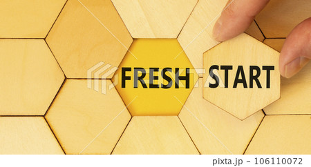 Fresh start and motivational symbol. Concept words Fresh start on wooden puzzles. Beautiful yellow table yellow background. Businessman hand. Business motivational and Fresh start concept. Copy space. 106110072
