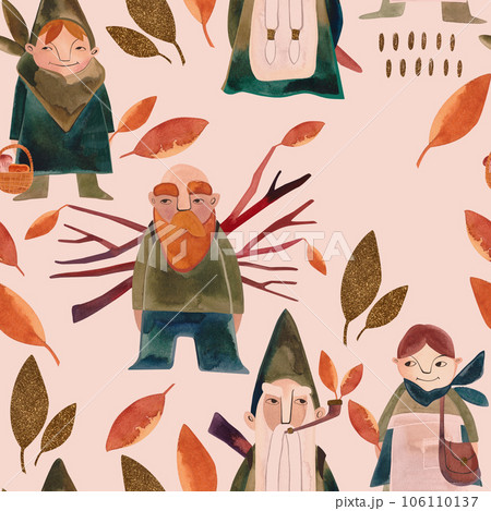 Watercolor seamless patern with autumn gnomes . Seasonal wrapping paper. Fall. Raster illustration for packaging, wallapers, wrapping paper, textile. Beige background Watercolor seamless patern with autumn gnomes . Seasonal wrapping paper. Fall. Raster illustration for packaging, wallapers, wrapping paper, textile. Beige background 106110137