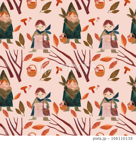 Watercolor seamless patern with autumn gnomes . Seasonal wrapping paper. Fall. Raster illustration for packaging, wallapers, wrapping paper, textile. Beige background Watercolor seamless patern with autumn gnomes . Seasonal wrapping paper. Fall. Raster illustration for packaging, wallapers, wrapping paper, textile. Beige background 106110138