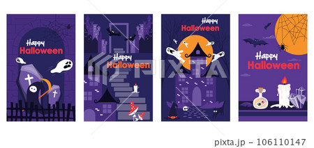 Halloween holiday cover brochure set in trendy flat design. Poster templates with spooky death character, flying ghosts, old castle and house with moon, creepy potion and candles. Vector illustration. 106110147