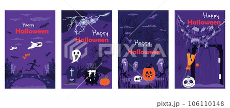 Halloween holiday cover brochure set in trendy flat design. Poster templates with flying spooky ghosts, witch cauldron on cemetery, creepy pumpkins, evil trees and other symbols. Vector illustration. Halloween holiday cover brochure set in trendy flat design. Poster templates with flying spooky ghosts, witch cauldron on cemetery, creepy pumpkins, evil trees and other symbols. Vector illustration. 106110148